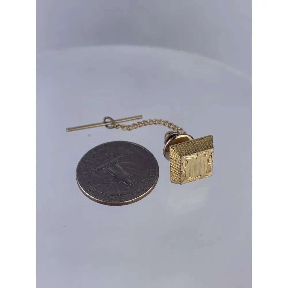 Square Strolls Gold Tone Tie Tack Pin Etched Brushed Metal Vintage